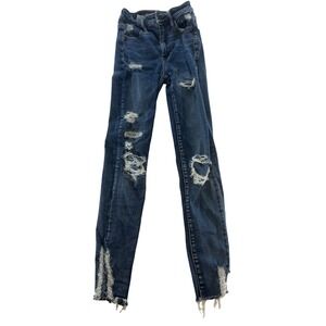American Eagle Super Hi-Rise Jegging Dark Wash Distressed Skinny‎ Jeans 00 Short